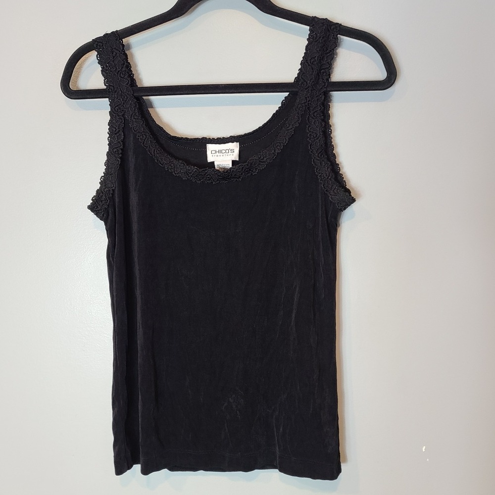 CHICOS Travelers Womens Black Lace Trim Tank Top Shirt Sz 1 Chicos Small